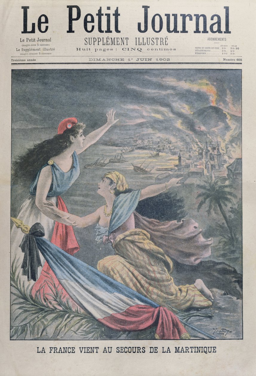 Frankrike hjelper Martinique etter utbruddet av en vulkan, Montagne Pelee, på Martinique, fra Le Petit Journal, 1. juni 1902 av French School
