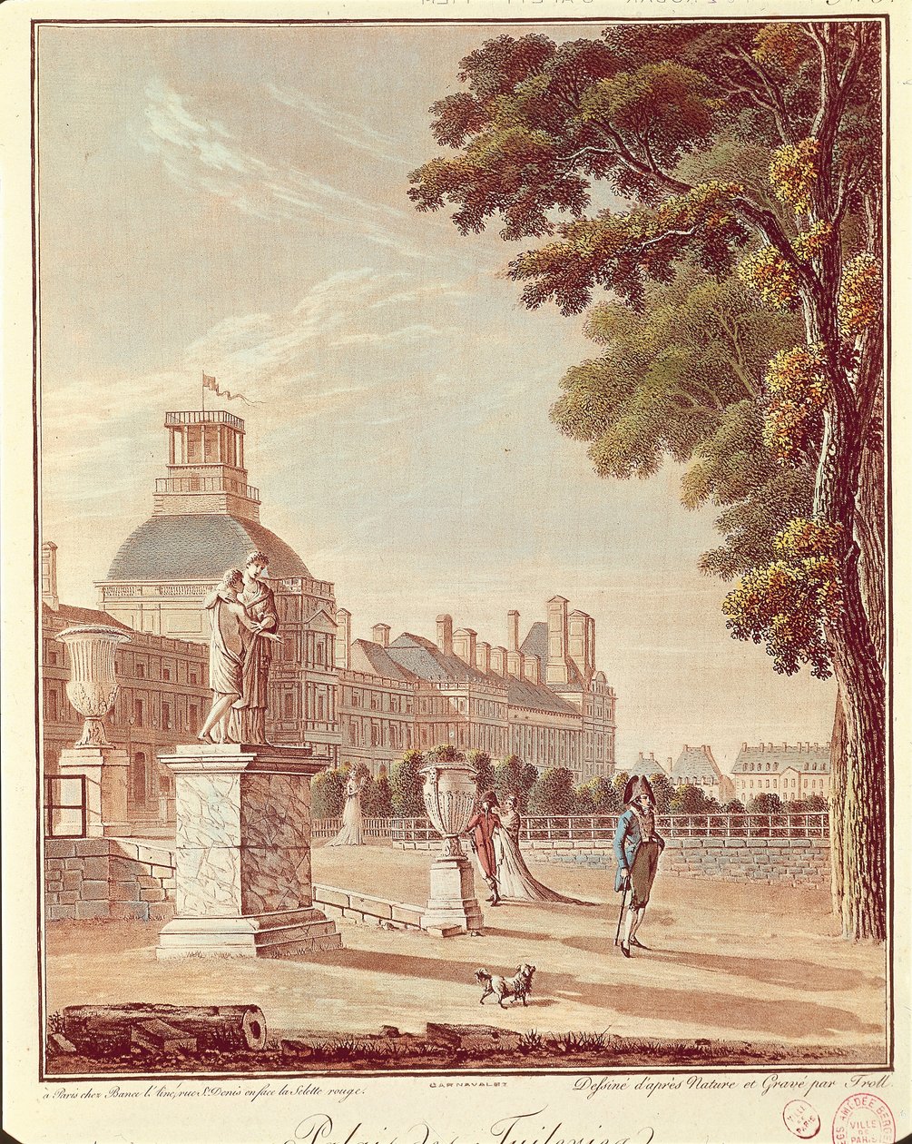 Frankrike, Paris, Tuileries-palasset, gravering av French School