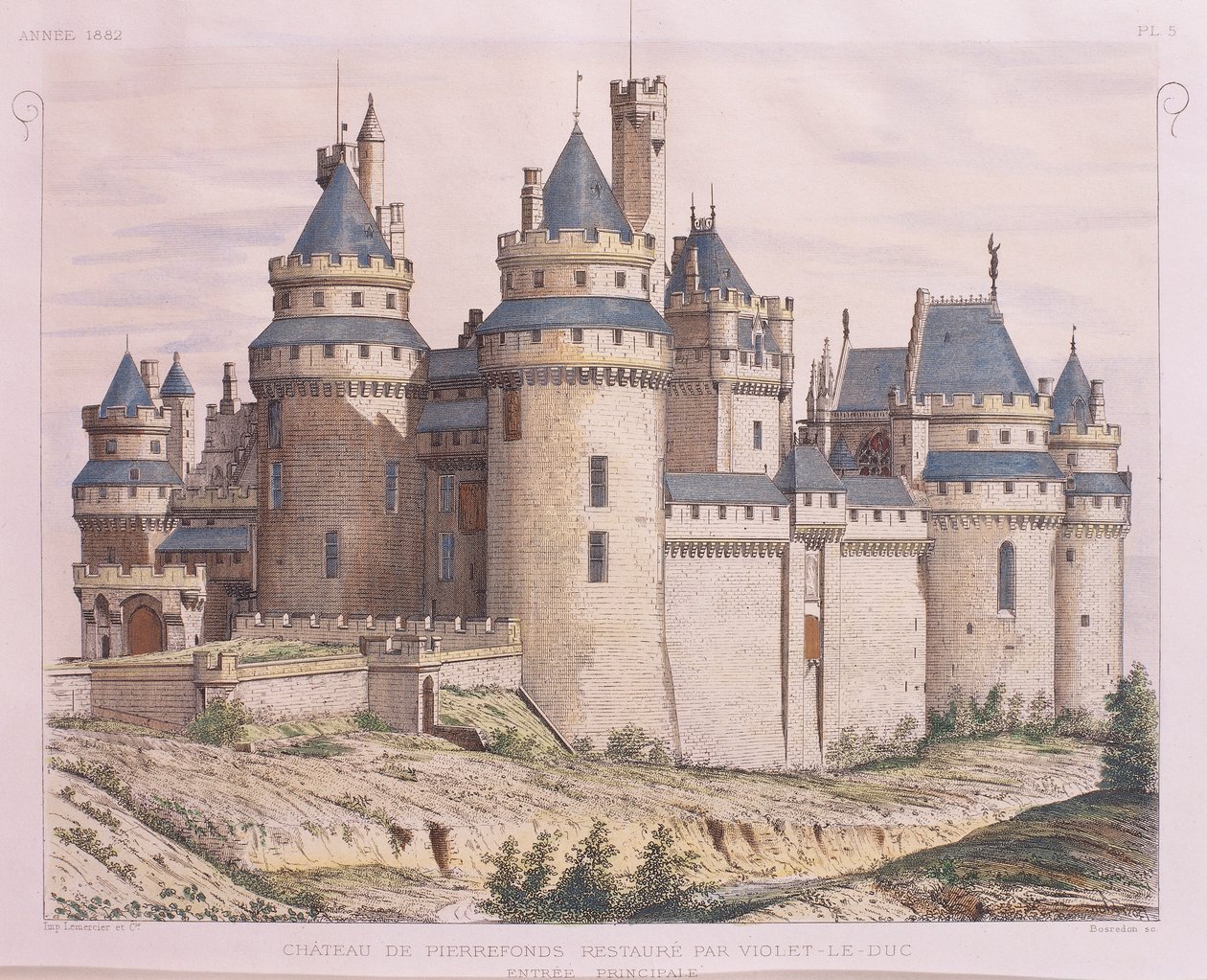 Frankrike, Pierrefonds middelalderslott, restaurert av Violet le Duc fra Moniteur des Architectes, gravering av French School