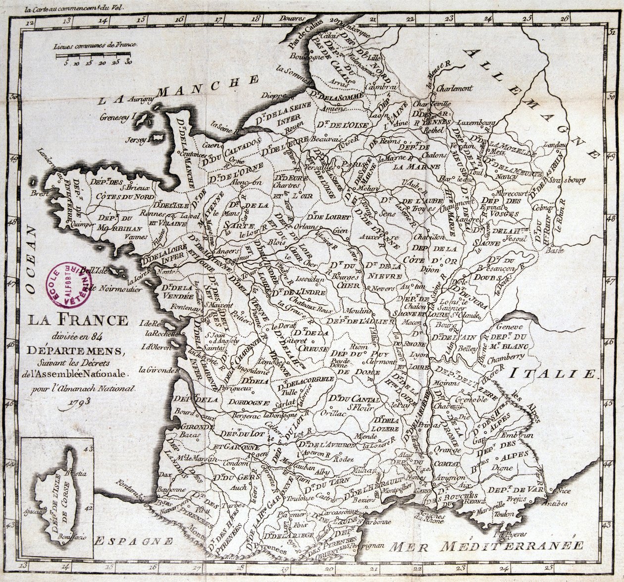 Frankrike delte seg inn i 84 avdelinger etter dekretene fra nasjonalforsamlingen i 1793 av French School