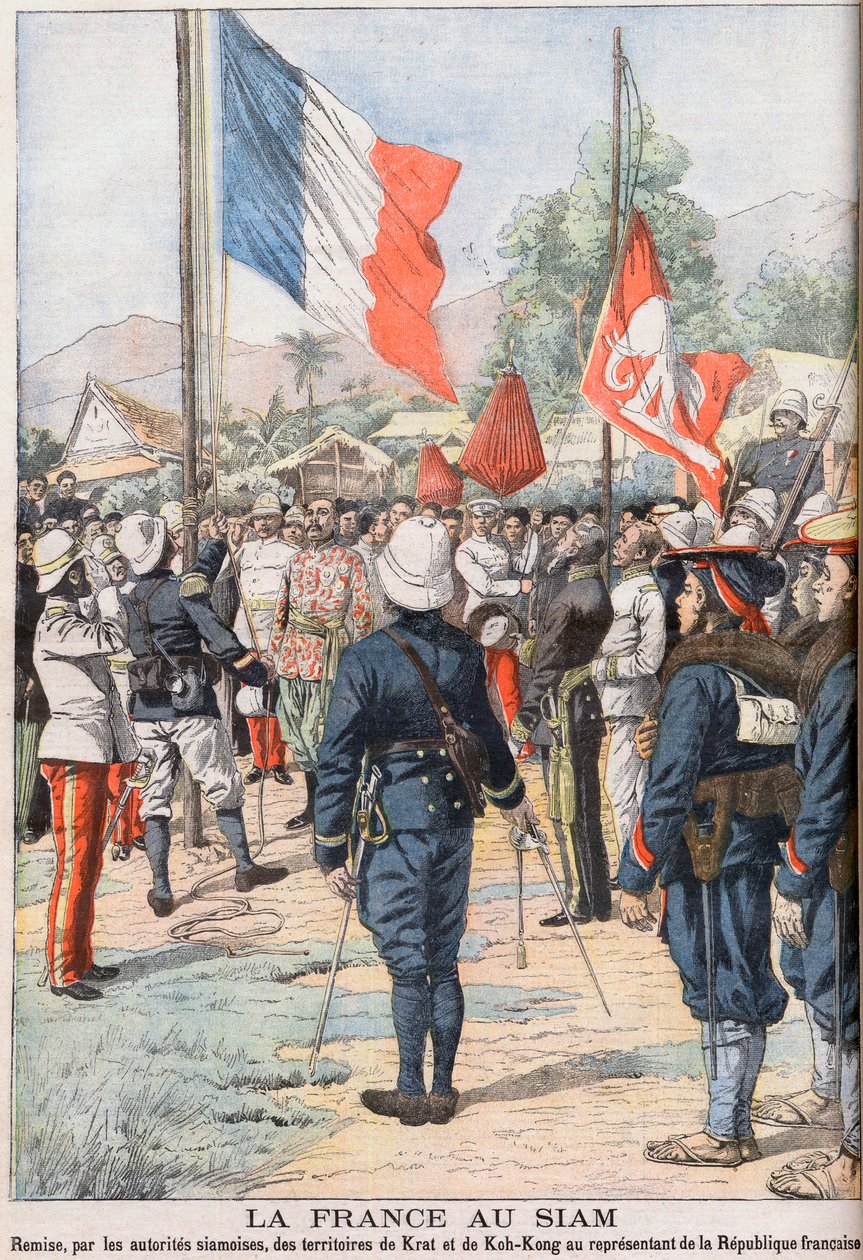 France taking over the territories of Krat and Koh-Kong, Siam after the Treaty of 1904 agreed between the Siamese and the French, illustration from 