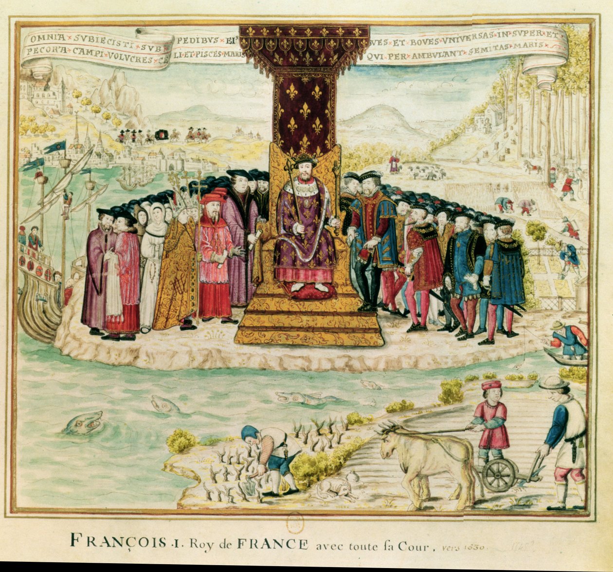 Frans I (1494-1547) omgitt av hoffet sitt, ca. 1630 (wc på papir) av French School