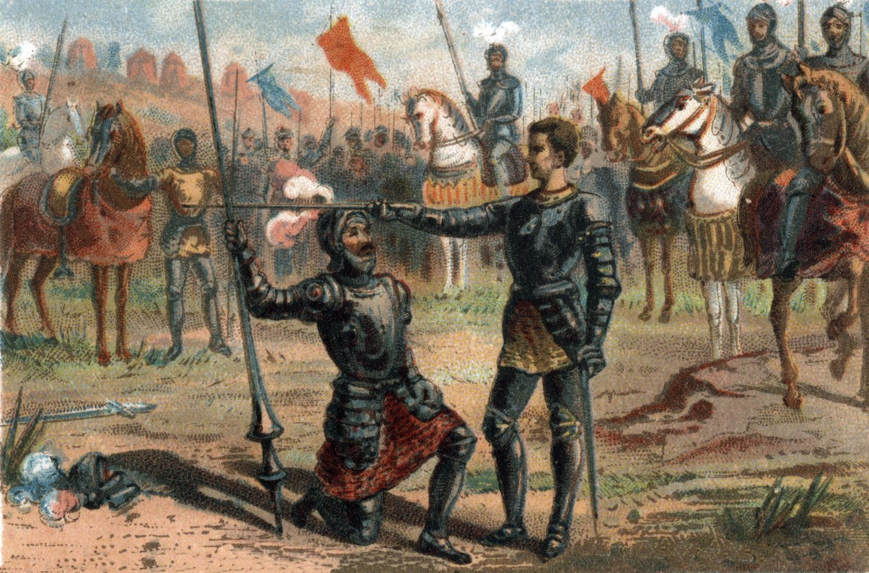 Francis I of France requesting to be knighted by the Chevalier Bayard after victory at the Battle of Marignano, Italy av French School