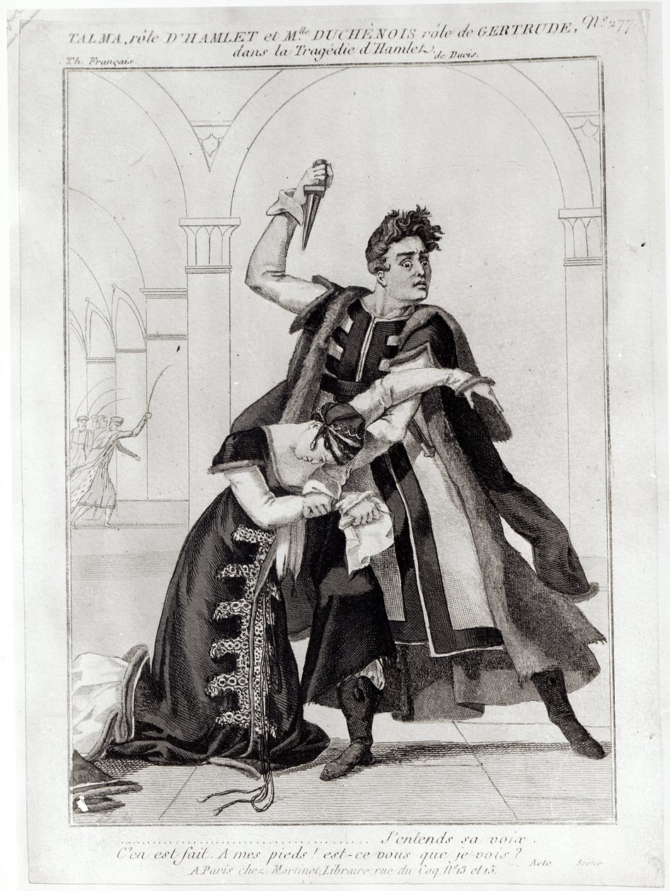 Francois-Joseph Talma (1763-1826) som Hamlet og Mademoiselle Duchenois som Gertrude, i Shakespeares "Hamlet" tilpasset av Jean-Francois Ducis, etter 1769 av French School