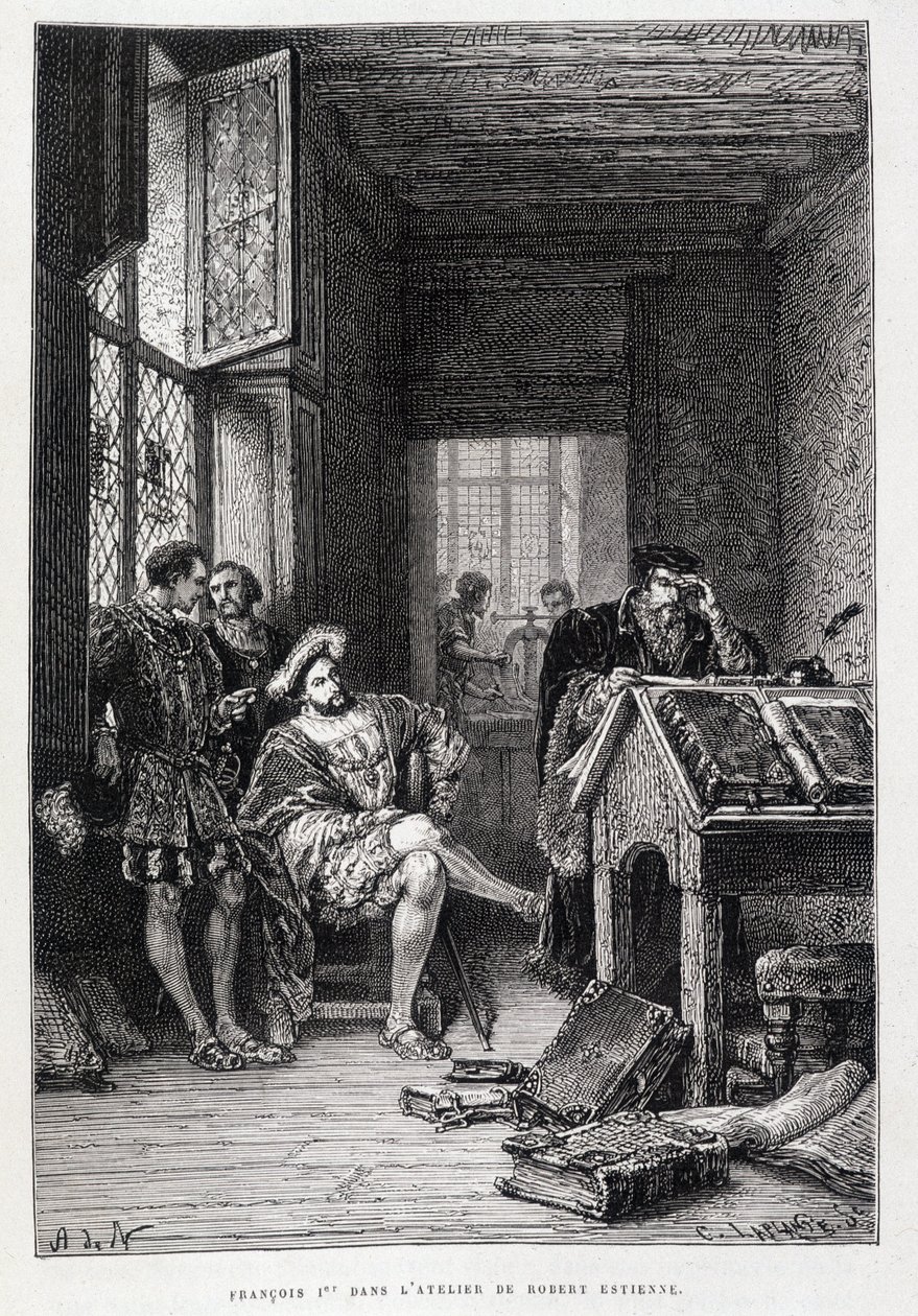Francois 1. i Robert Estiennes atelier - gravering av French School