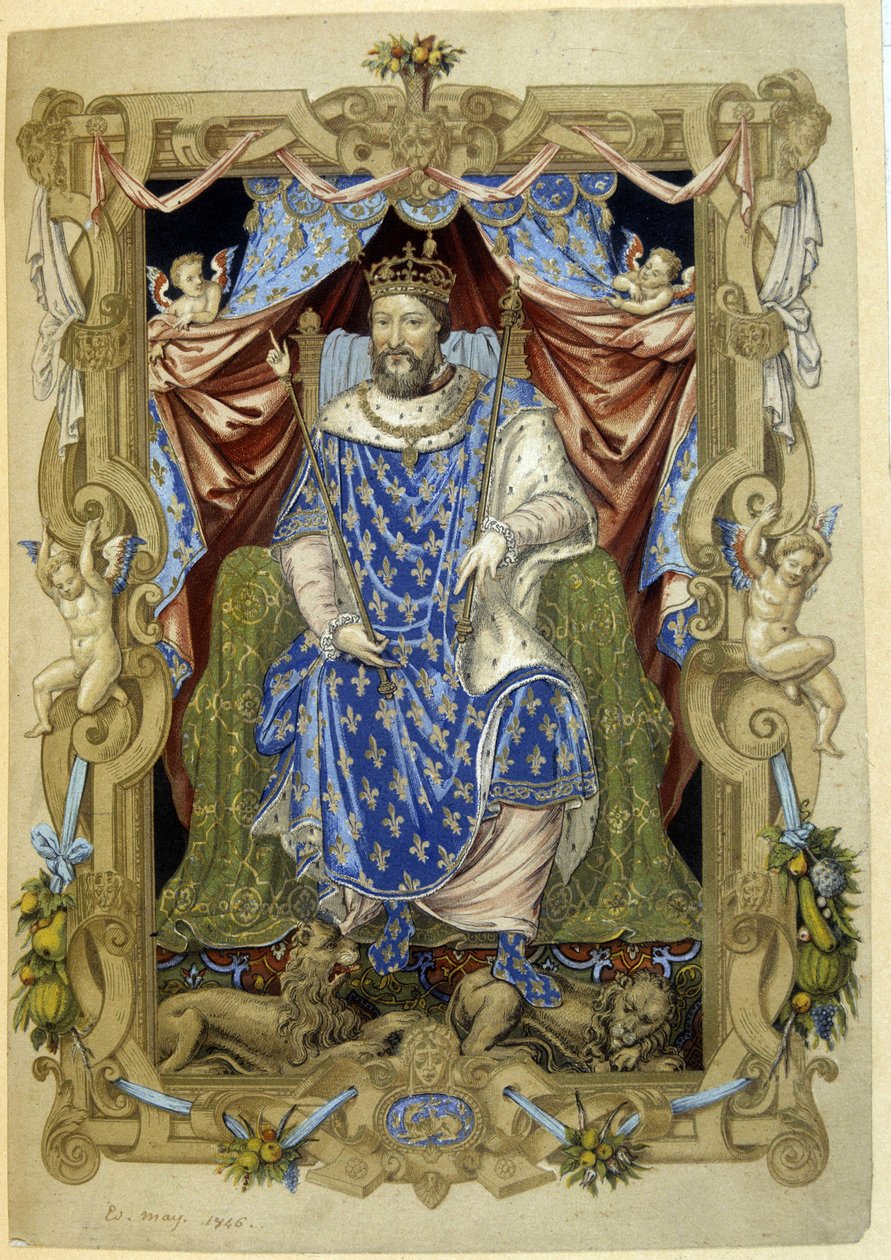 Francois 1. på sin trone i seremoniell kjole av French School