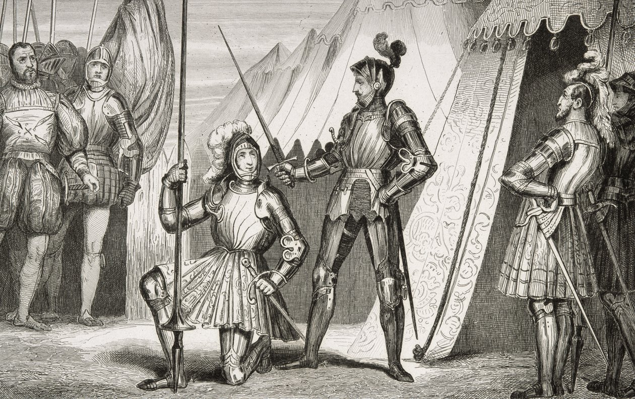 Francois I (1494-1547) riddet av kaptein Bayard etter slaget ved Marignano, fra 