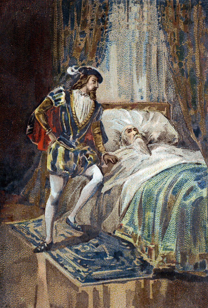 Francois I King of France receives the last sighs of Leonard de Vinci (Leonardo da Vinci) at Clos Luce. Chromolithography around 1890. av French School