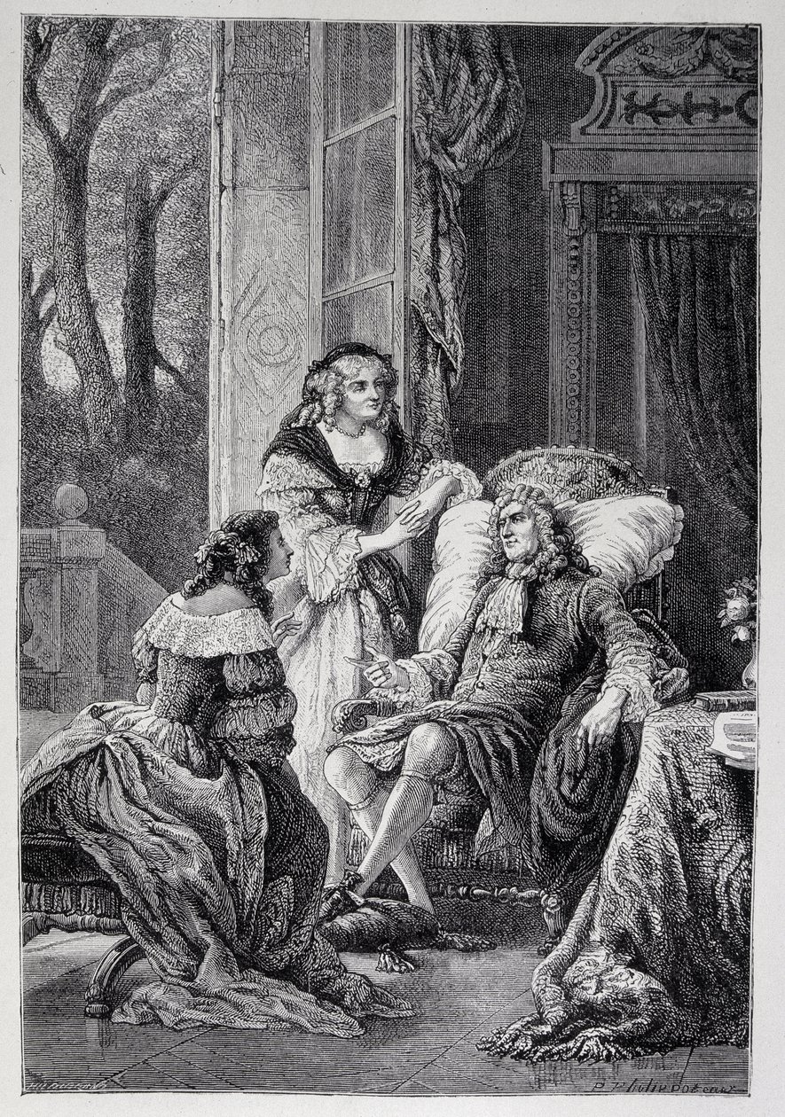 Francois de la Rochefoucauld (1613-1680) snakker med Mademoiselle de Sevigne (Marie de Rabutin-Chantal), Marquise de Sevigne dit Madame de Sevigne (1626-1696) og Marie-Madeleine (Marie Madeleine) Pioche de La Vergne, grevinne av La Vergne (Madam av F av French School