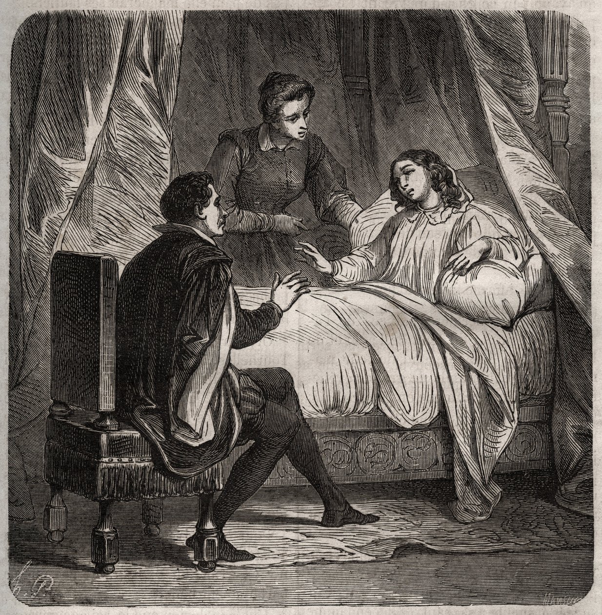 Francoise de Foix, Countess of Chateaubriant (ca. 1495-1537), ill, receives Clement des Marets dit Marot (1496-1544), the valet of Francois 1st, in bed. Engraving from 1871 in “Histoire Des Cocus Celebres”” by Henry de Kock (1819-1892). av French School
