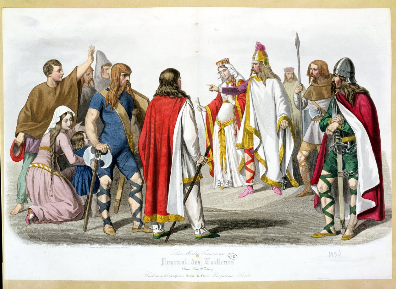 Frankiske og merovingerkostymer, historisk moteplate fra Les Modes Francaises - Journal des Tailleurs, 1836 av French School