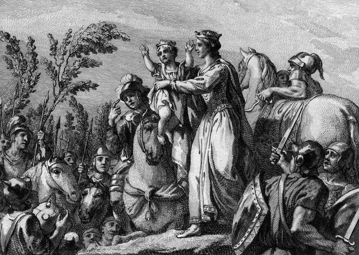 Fredegonde (545-597), Queen of Neustria, holding in her arms her son, the future Clothary II (584-628); 584. Engraving of the 18th century. av French School