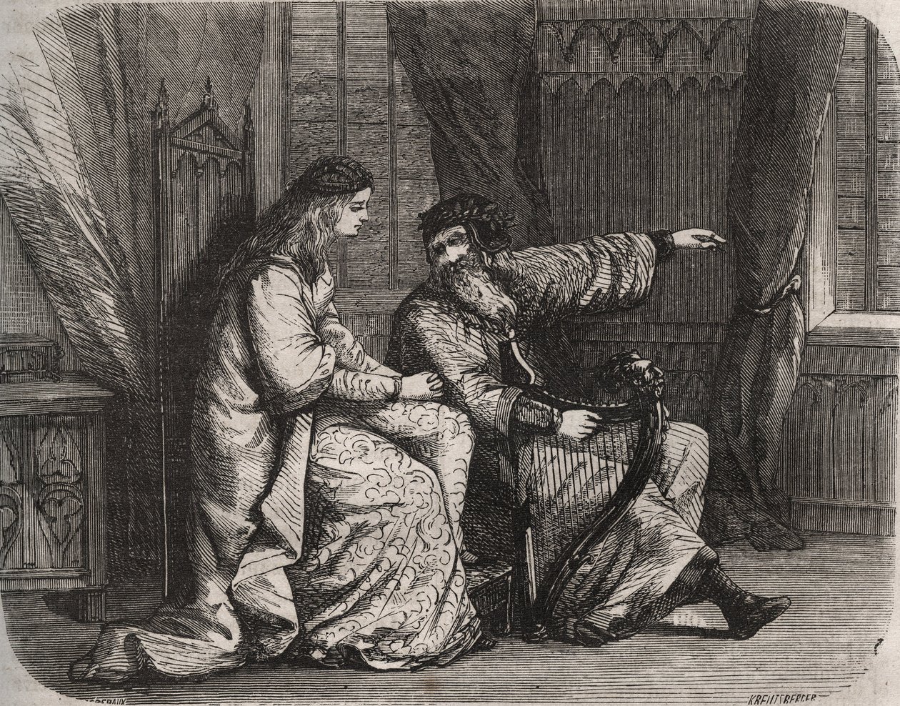 Fredegonde (545-597) confides his concerns to harp player Barbantini because his lover Chilperic (then the King of the Francs Chilperic I (543-597), did not marry him. 565. Engraving from 1871 in “Histoire Des Cocuses Celebres”” by Henry de Kock (1819-1892 av French School
