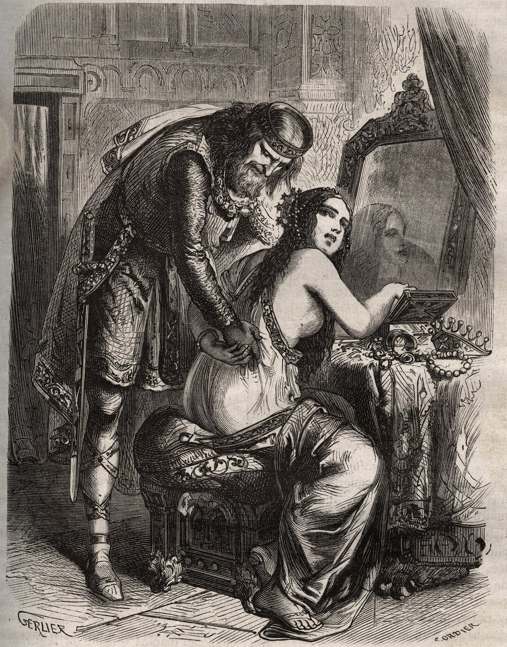 Fredegonde (545-597) tar mannen sin, kongen av francene Chilperic I (543-597), for sin elsker, Landeric. Kongen oppdager at kona hans er utro mot ham. Gravering fra 1871 i «Histoire Des Cocuses Celebres»» av Henry de Kock (1819-1892). av French School