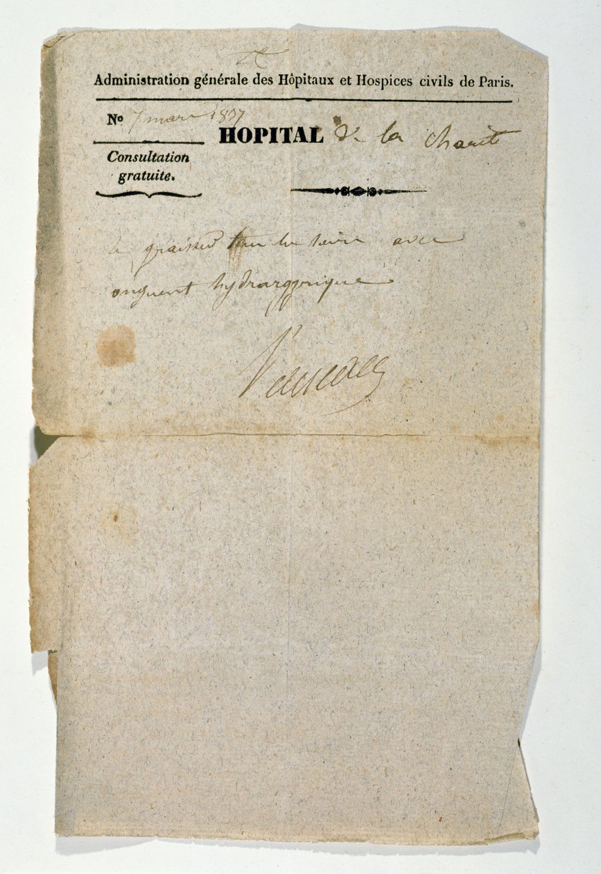 Gratis resept fra Hopital de la Charite, Paris, 7. mars 1837 av French School