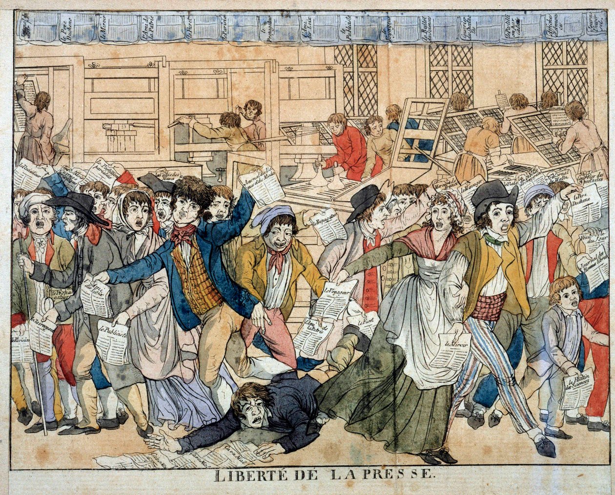 Pressefrihet under den franske revolusjonen: Artikkel 10 i Menneskerettighetserklæringen (26.08.1789). Artikkel 10, som gir bestemmelser om meningsfrihet, fører til den anarkistiske fødselen av presse av alle slag. Gravering fra det 18. århundre av French School
