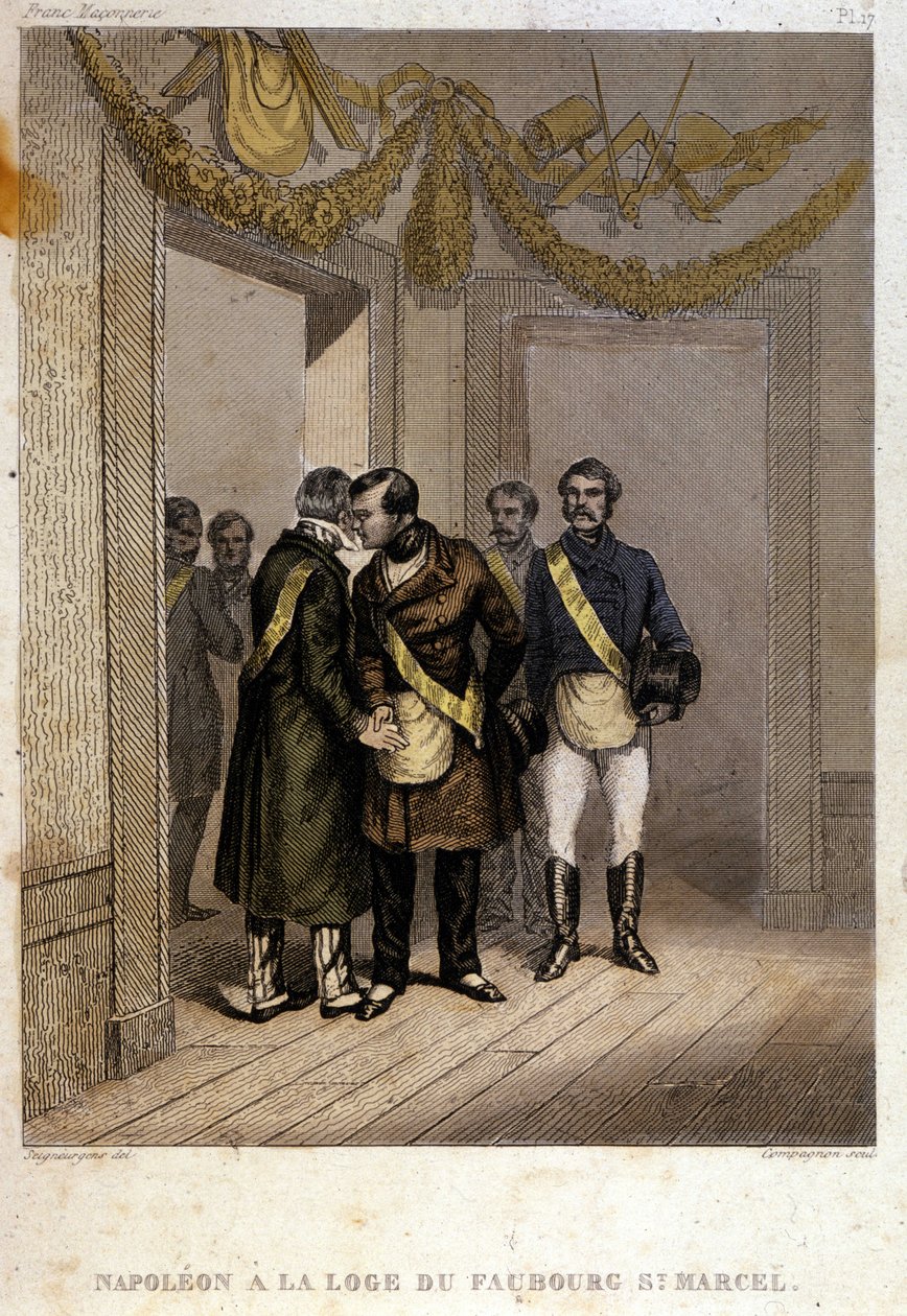 Freemaking: Napoleon Joseph Charles Paul Bonaparte, med kallenavnet Prince Jerome eller Plonplon blir identifisert ved inngangen til Faubourg Saint Marcel-tempelet. Gravering fra "" pittoresk historie om frimureriet og gamle hemmelige samfunn av French School
