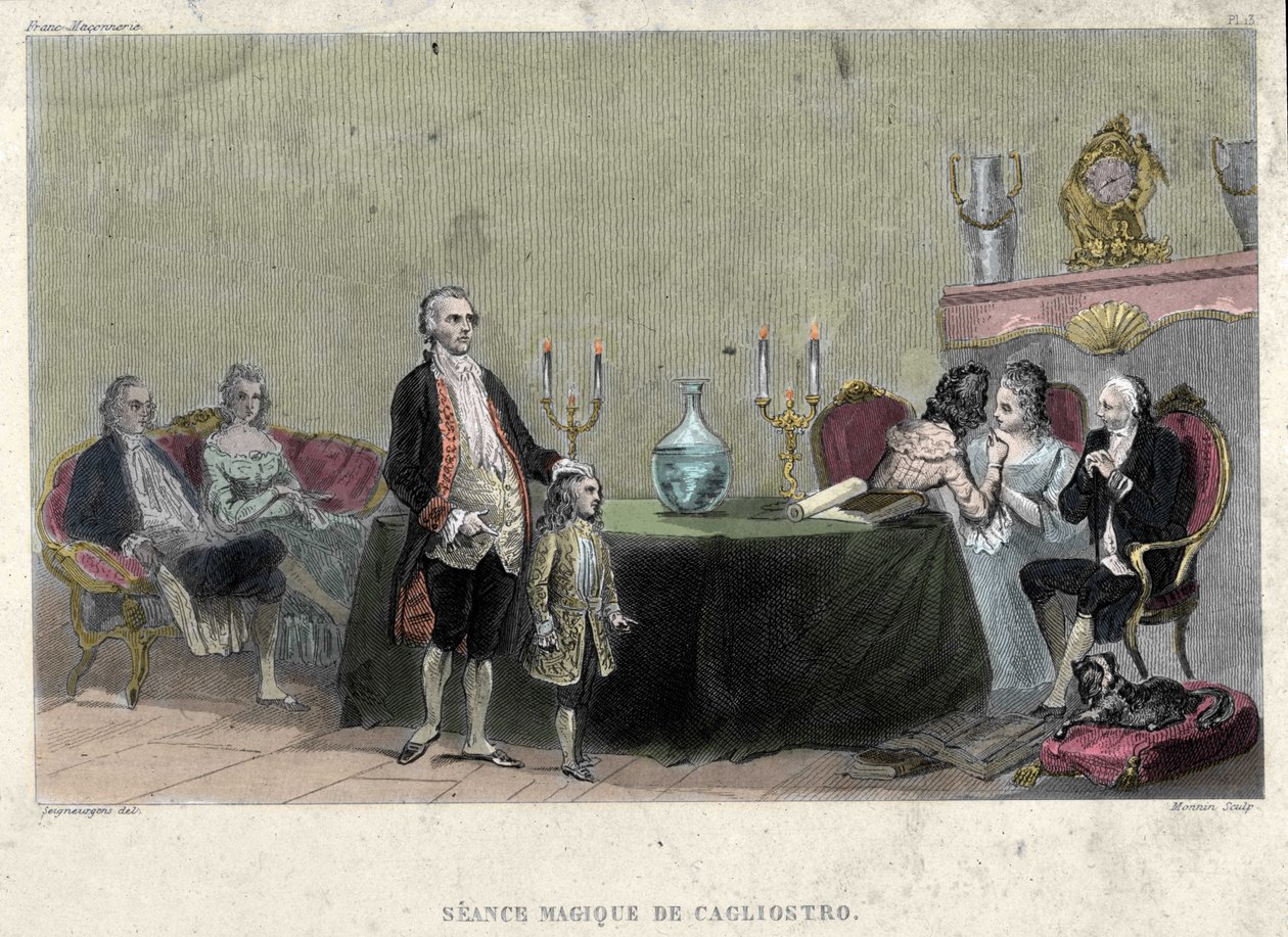 Freemaking: Seance of magic av Giuseppe Balsamo, kjent som Alexander, greve av Cagliostro (1743 - 1795). Gravering fra "Picturesque History of Freemasonry and Ancient and Modern Secret Societies" av F.-T. B. Clavel. Pagnerre, redaktør av French School