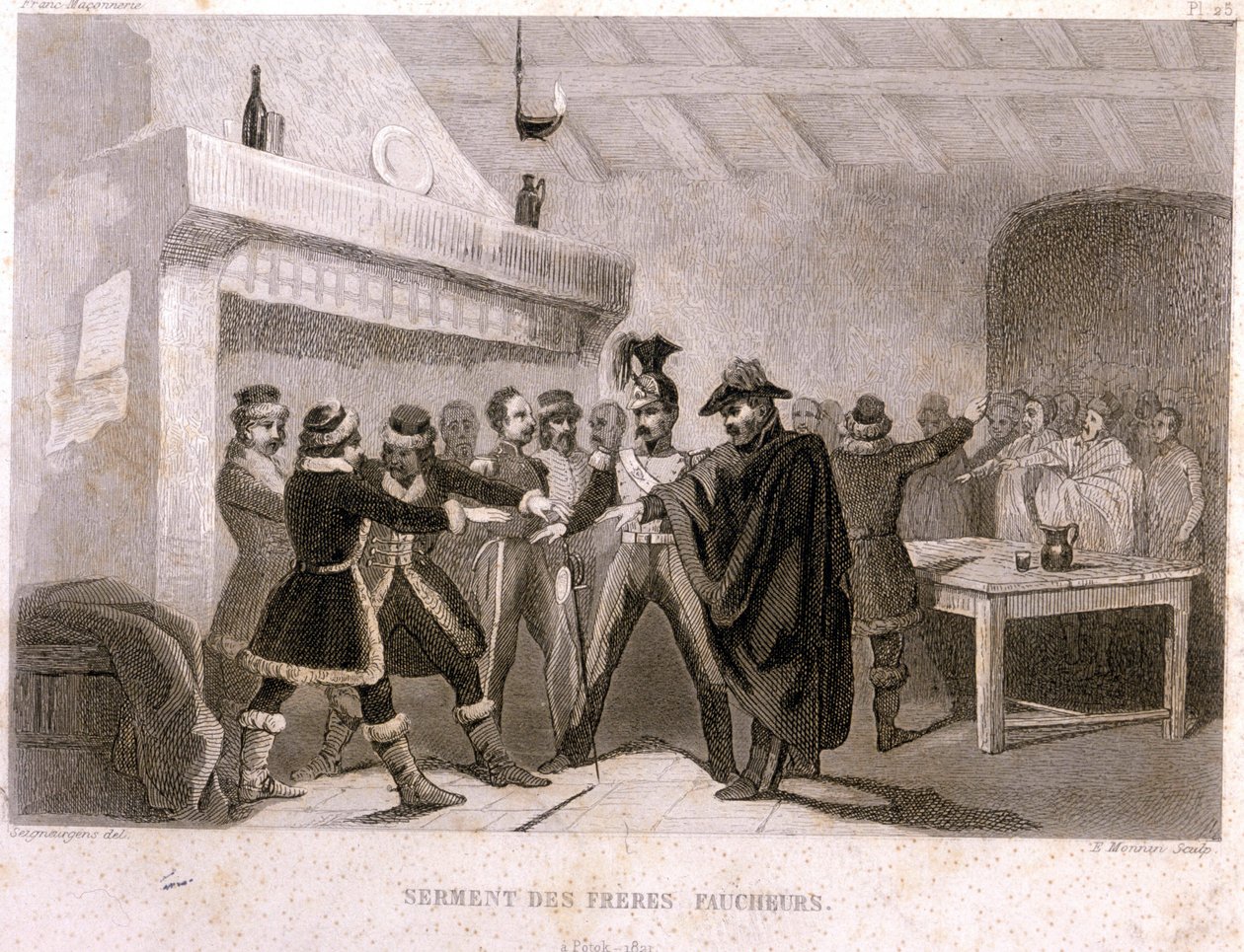 Frimureriet: eden til brødrene høstere i Potok i 1821. Gravering fra "" Pittoreske Histoire de la Franc Maconnerie et des Societes Secretes antique et moderne" av F.-T. B. Clavel. Pagnere, redaktør. 1843. av French School
