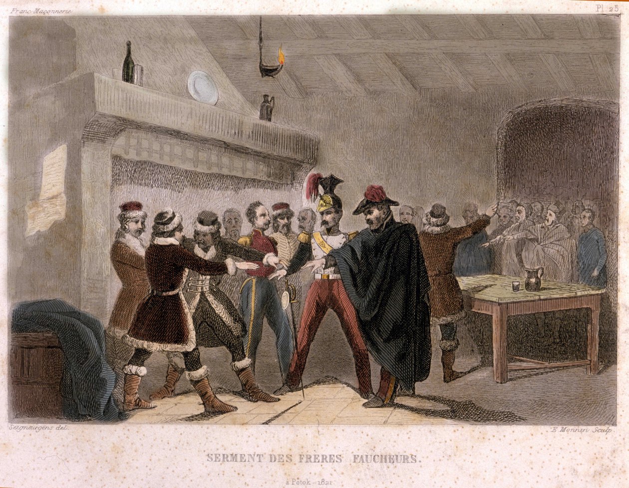 Frimureriet: eden til brødrene høstere i Potok i 1821. Gravering fra "" Pittoreske Histoire de la Franc Maconnerie et des Societes Secretes antique et moderne" av F.-T. B. Clavel. Pagnere, redaktør. 1843. av French School