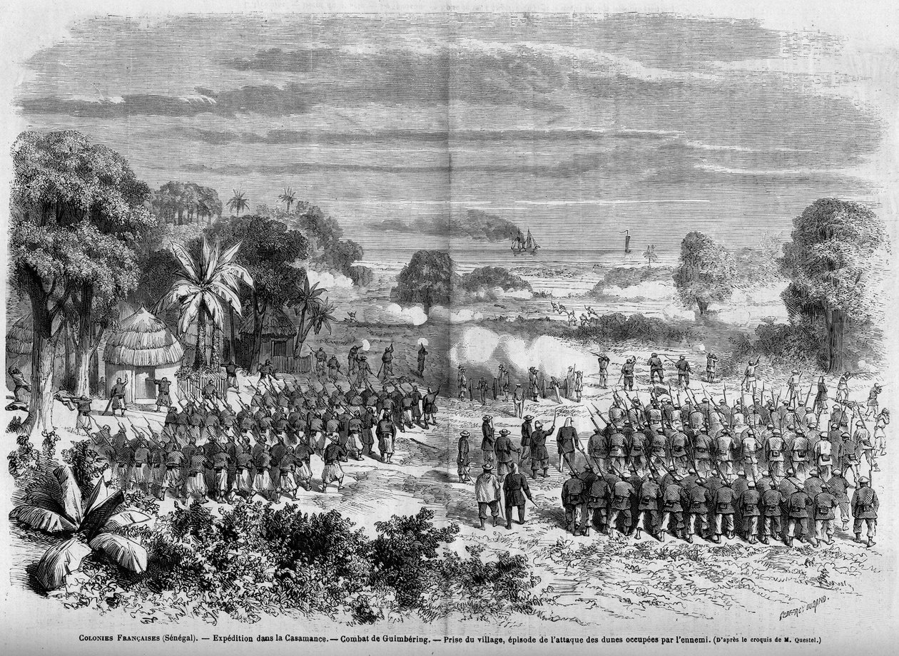 French Colonies (Senegal) 1865: Expedition in Casamance. Battle of Guimbering, Capture of the village, episode of the attack on the dunes occupied by the enemy. av French School
