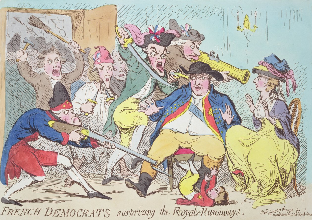 French Democrats Surprising the Royal Runaways, 1794 (fargegravering) av French School