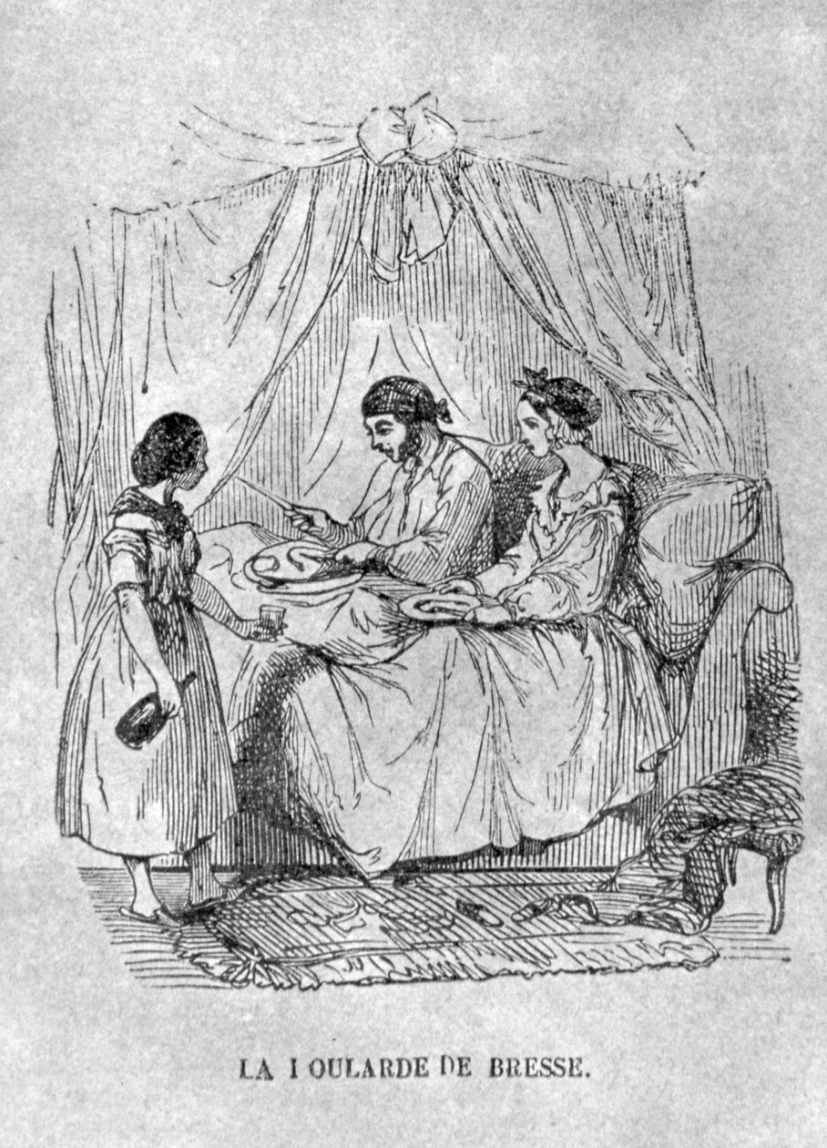 Fransk illustrasjon av en person sengeliggende med gikt. 1848 (gravering) av French School