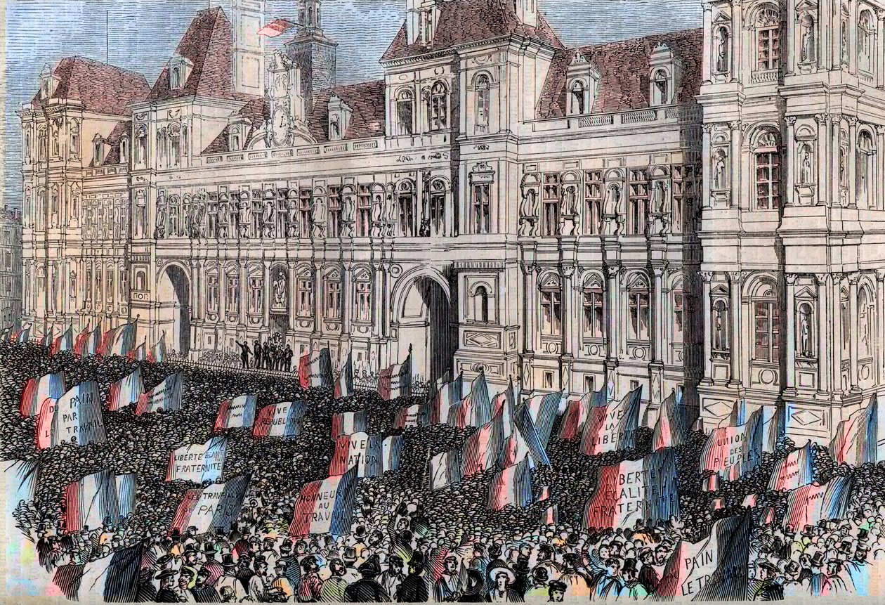 Fransk provisorisk regjering av 1848 - provisorisk regjering av 1848 - Valget i april 1848 - Demonstrasjon av arbeiderne på Hotel de Ville i Paris (17. mars av French School