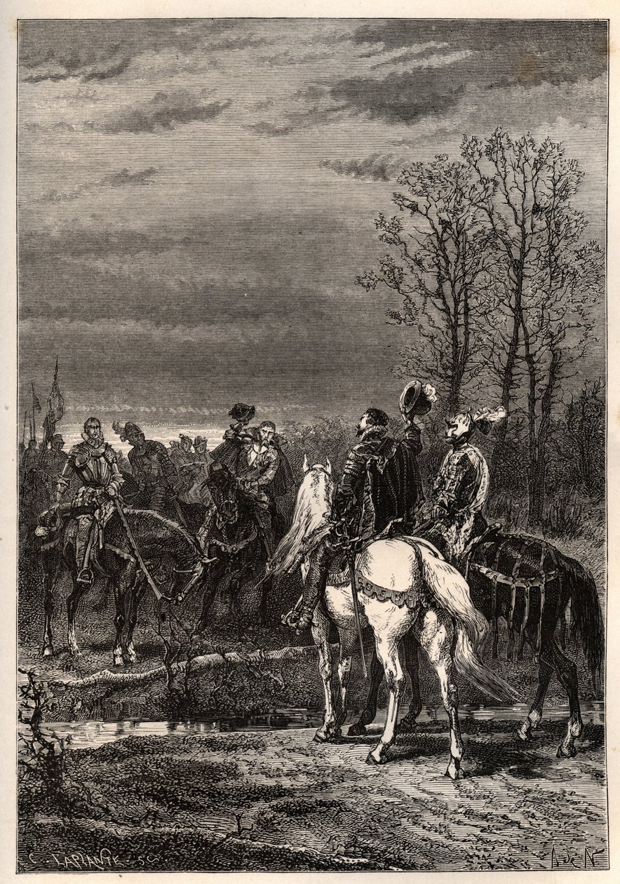 Franske religionskriger - Oktober 1569 Religionskrig - Samtalene før slaget ved Moncontour (Henri, hertugen av Anjou fremtidige Henry III og Gaspard II av Coligny - Slaget ved Moncontour (oktober 1569) - gravering fra "" Frankrikes historie fortalt til av French School