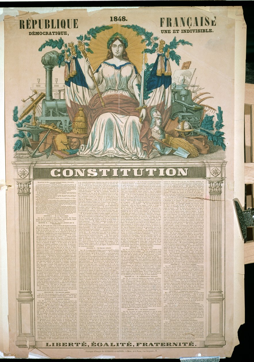 Den franske republikk, grunnloven av 1848 (fargegravering) av French School