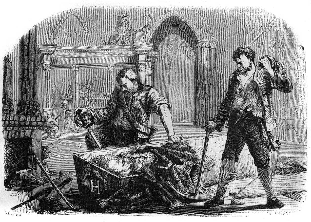 Fransk revolusjon (konvensjon): åpning av kisten til kong Henrik IV (1553-1610) under skjendelsen av de kongelige gravene til kirken Saint Denis i 1793. Gravering fra 1860. av French School
