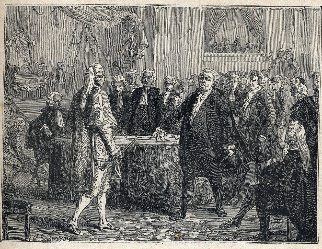 French Revolution - General Assembly on 23/06/1789: Honore Gabriel (Honore-Gabriel) Riqueti, Count of Mirabeau (1749-1791) apostrophant Henri Evrard (Henri-Evrard), Marquis of Dreux Breze (Dreux-Breze) (1762-1829). Engraving from 1889. Private collection. av French School