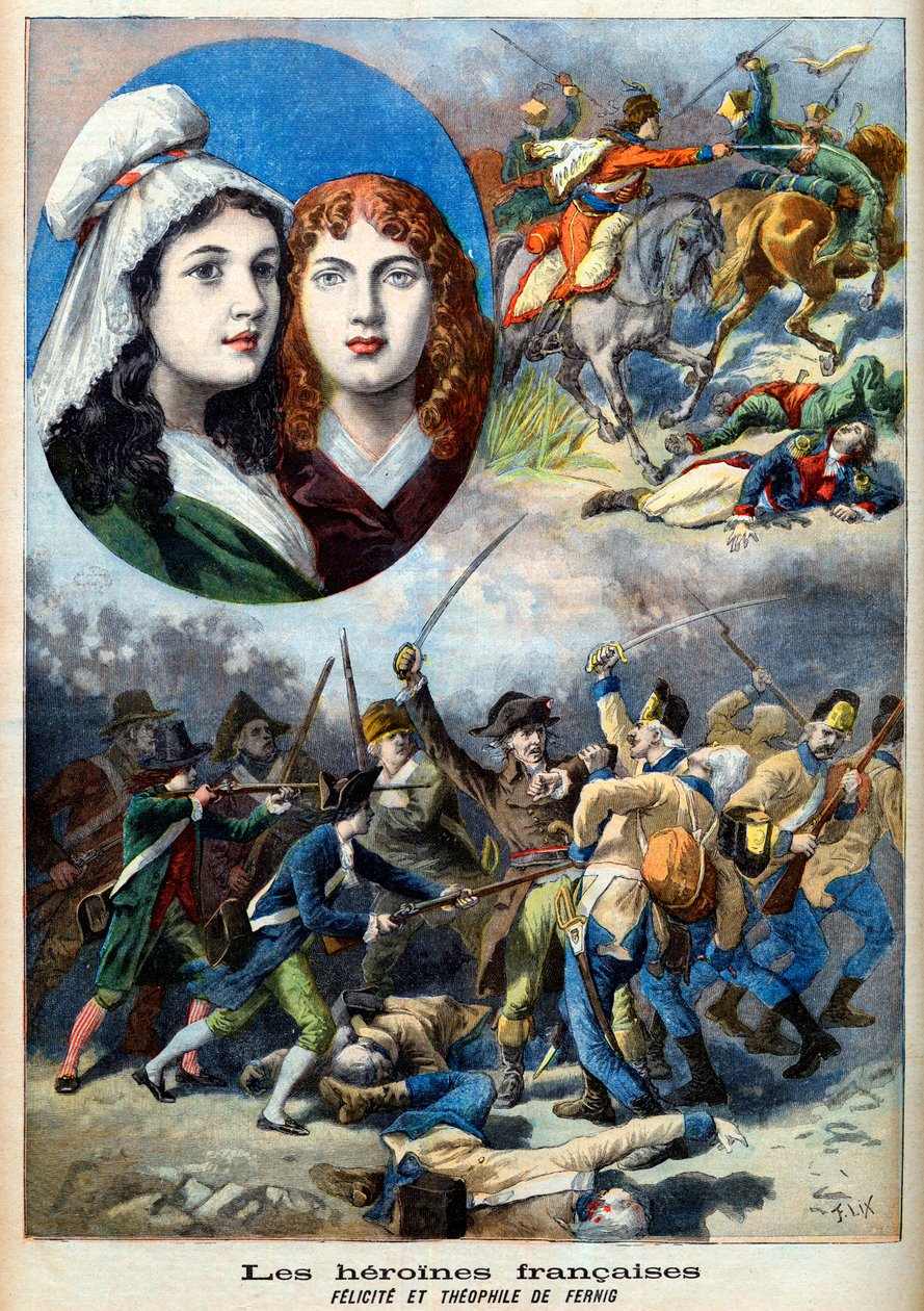 Den franske revolusjonen - De franske heltinnene: søstrene Felicite (1770-1841) og Theophile (1875-1819) av Fernig som kjempet utkledd som en mann mot østerrikerne for å se faren deres i 1792 - illustrasjon fra "Le Petit Journal" av 7. august 1894 av French School
