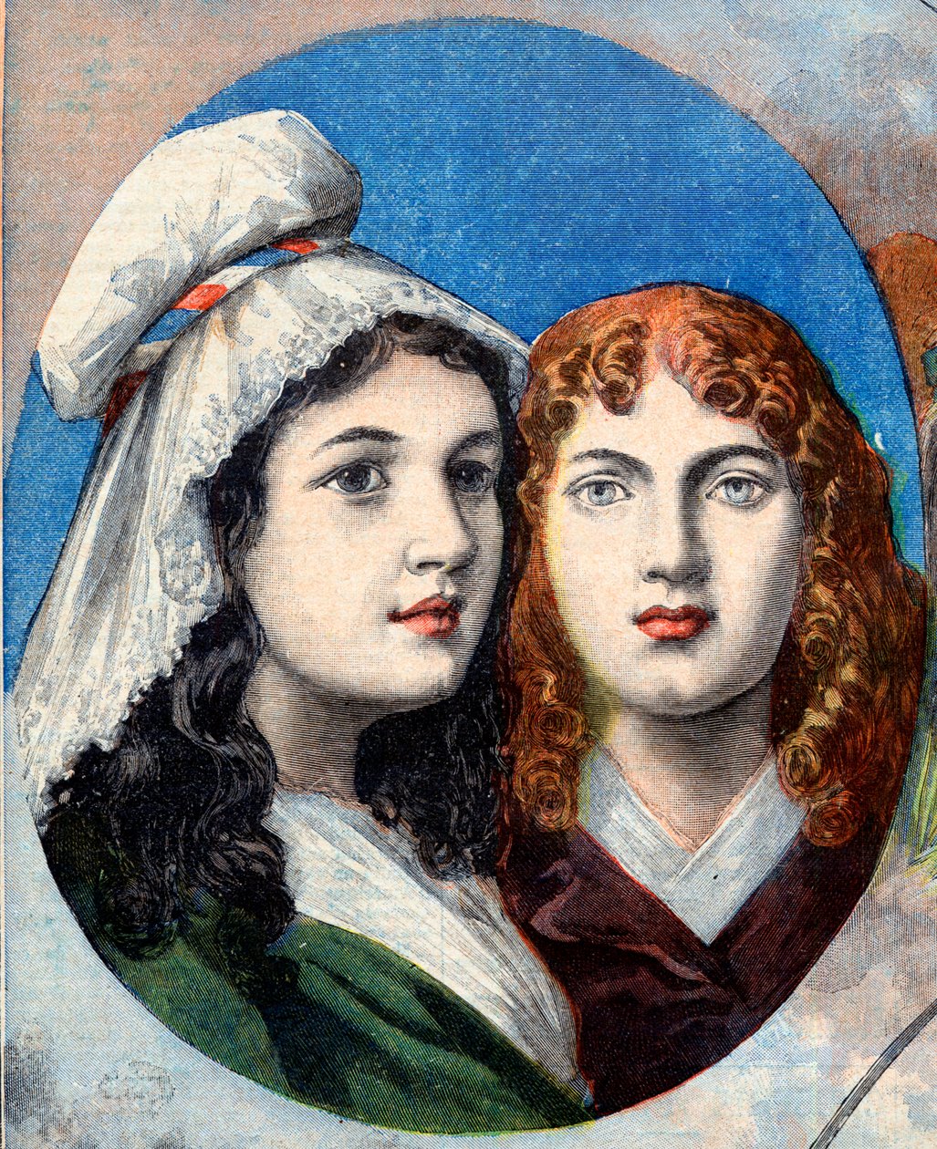 Den franske revolusjonen - De franske heltinnene: søstrene Felicite (1770-1841) og Theophile (1875-1819) av Fernig som kjempet utkledd som en mann mot østerrikerne for å se faren deres i 1792 - illustrasjon fra "Le Petit Journal" av 7. august 189 av French School