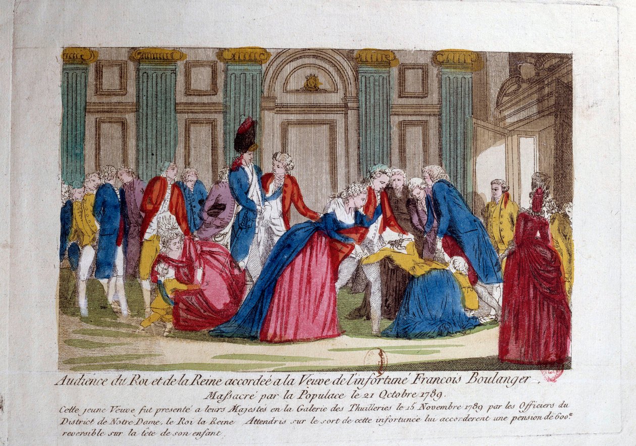 Fransk revolusjon: "" Publikum til Louis XVI og Marie Antoinette den 15/11/1789 gitt til enken etter Francois Boulanger massakren av befolkningen den 21/10/1789"" Gravering av det 18. århundre. Paris, Arsenals bibliotek av French School