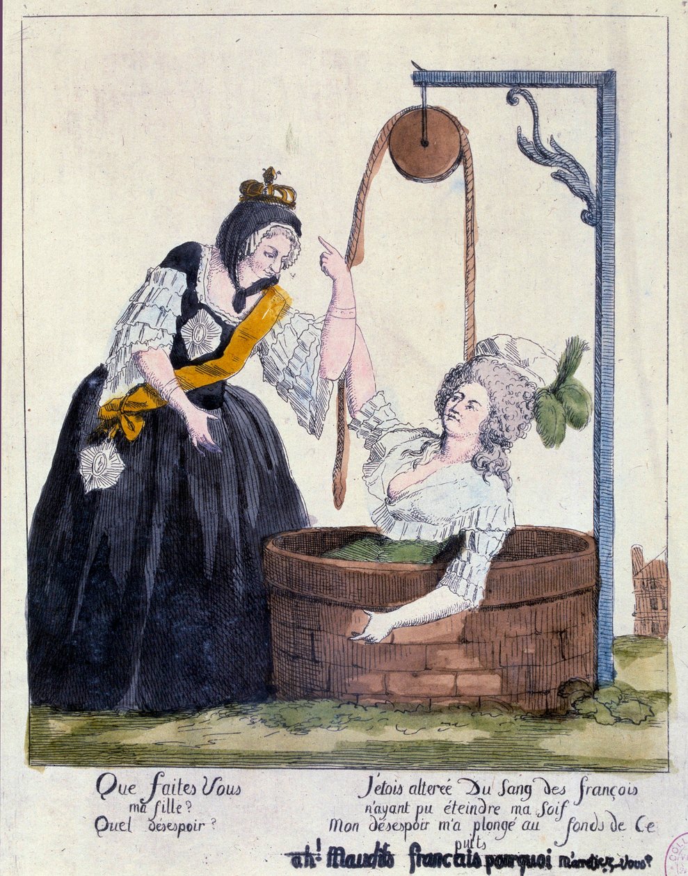 Den franske revolusjonen: Tegneserie mot dronning Marie Antoinette (1755-1793) falt til bunnen av en brønn fordi hun ønsket å slukke tørsten etter fransk blod. 18. århundre. Paris, B.N. av French School