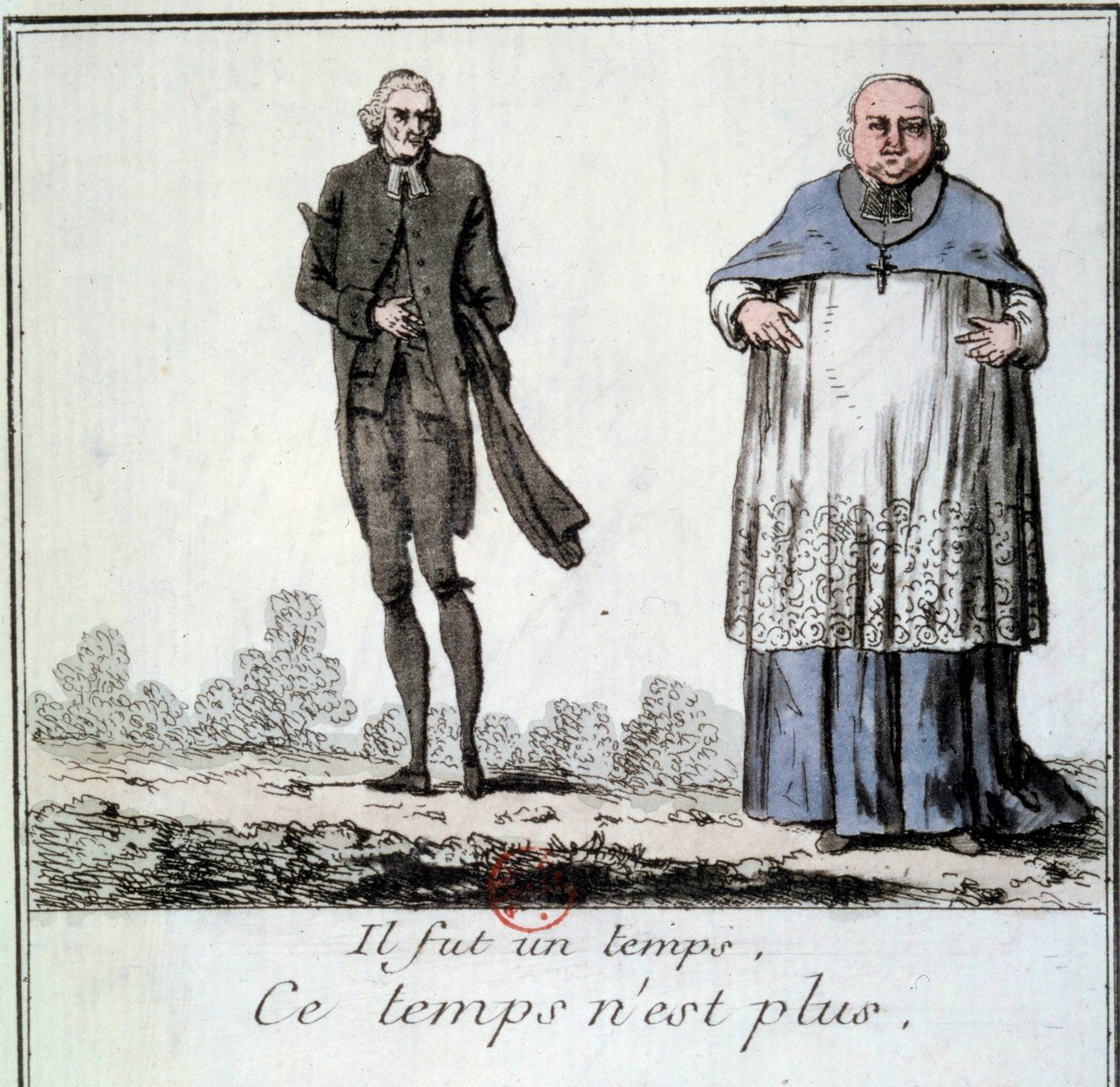 Den franske revolusjonen: Tegneserie om forsvinningen av privilegiene til kontoristen som representerer en mager prest og en korpulent og feit eveque fra tiden til det gamle regimet. Gravering fra 1790. Paris, Arsenals bibliotek av French School