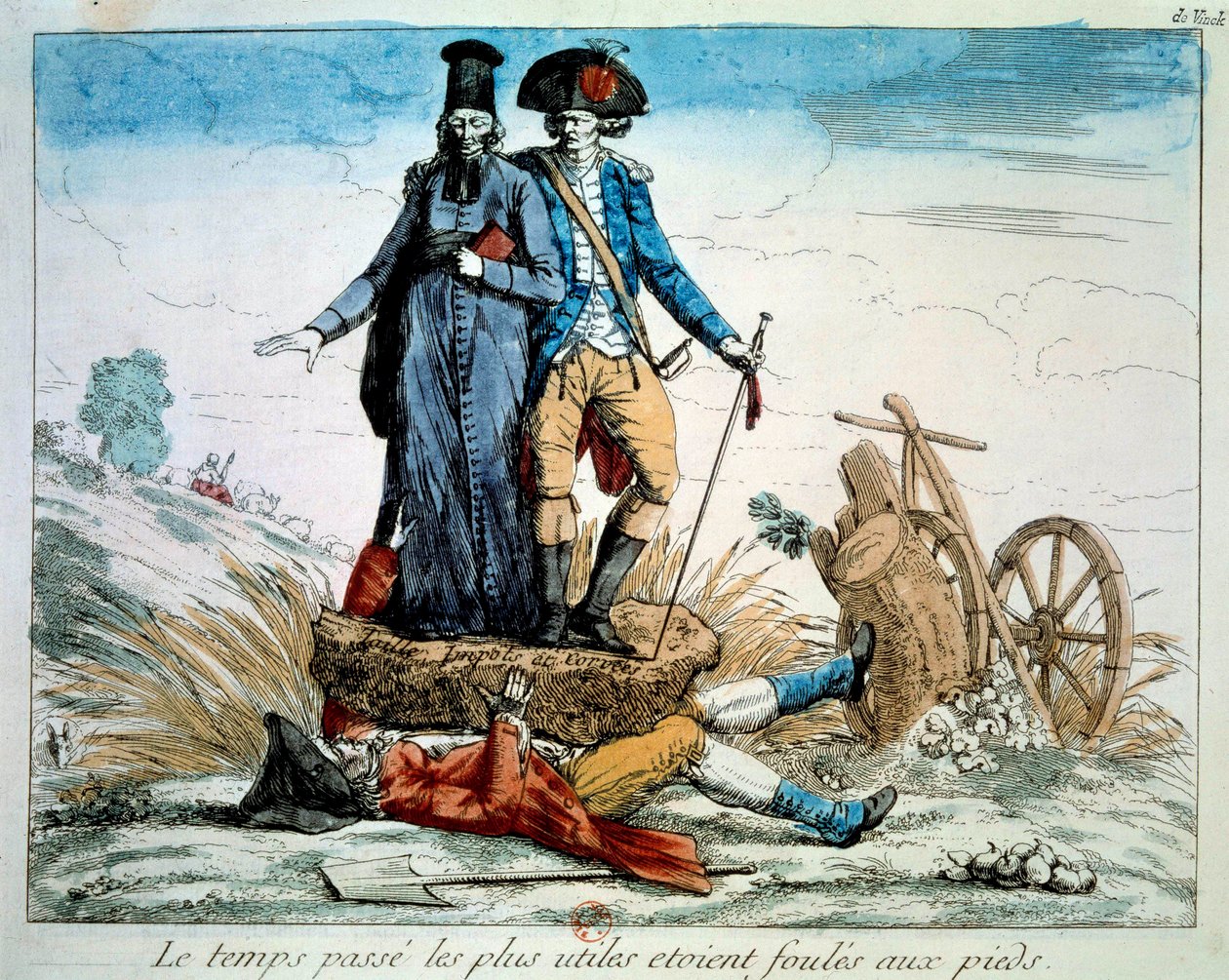 Den franske revolusjonen: tegneserie på de tre ordene: "" tiden går mest nyttig var folkemengder ved foten. Presteskapet og adelen (armee) knuser den tredje staten under vekten av skatter og korveer. 1789 Paris, Musee Carnavalet av French School