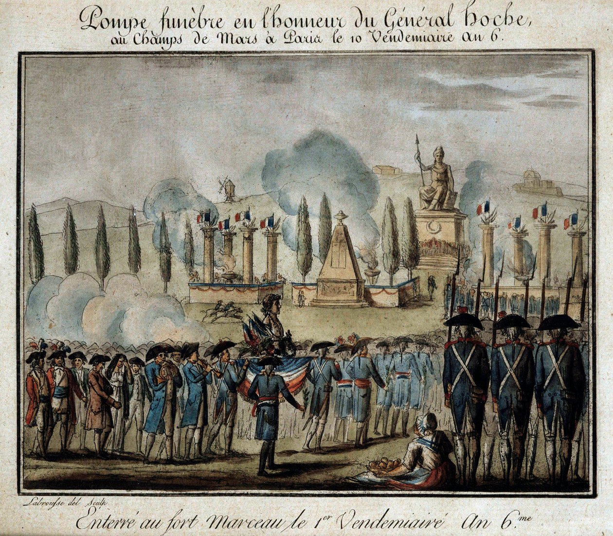 Fransk revolusjon: "" Seremoni av funebre pump til ære for general Lazare Hoche (1768-1797) på Champs de Mars i Paris den 10. fredag år 6"" Gravering av 1797. Versailles, Lambinet museum av French School