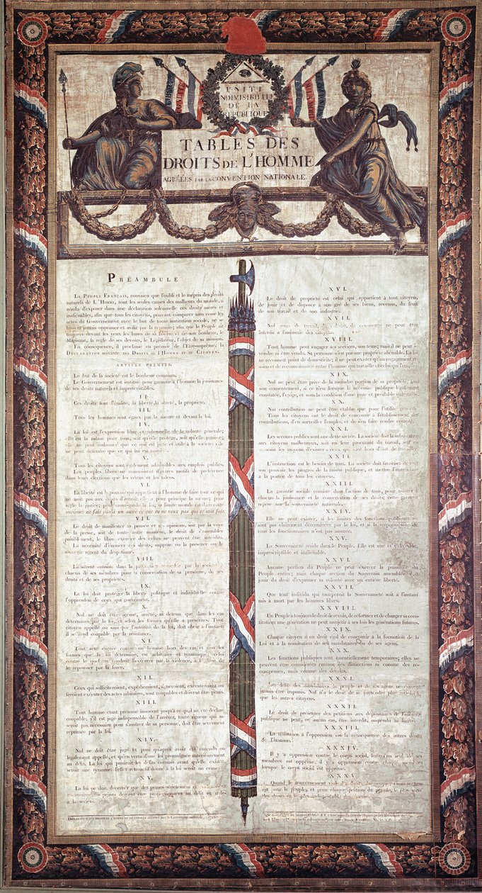 Den franske revolusjonen: Erklæring om menneske- og borgerrettigheter (litografi. 1700-tallet) av French School