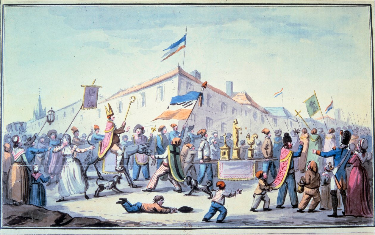 Fransk revolusjon: "" Dannet maskerade av folket kler seg i presteklær"". Anonym akvarell. 1793. Paris, L'Arsenals bibliotek av French School
