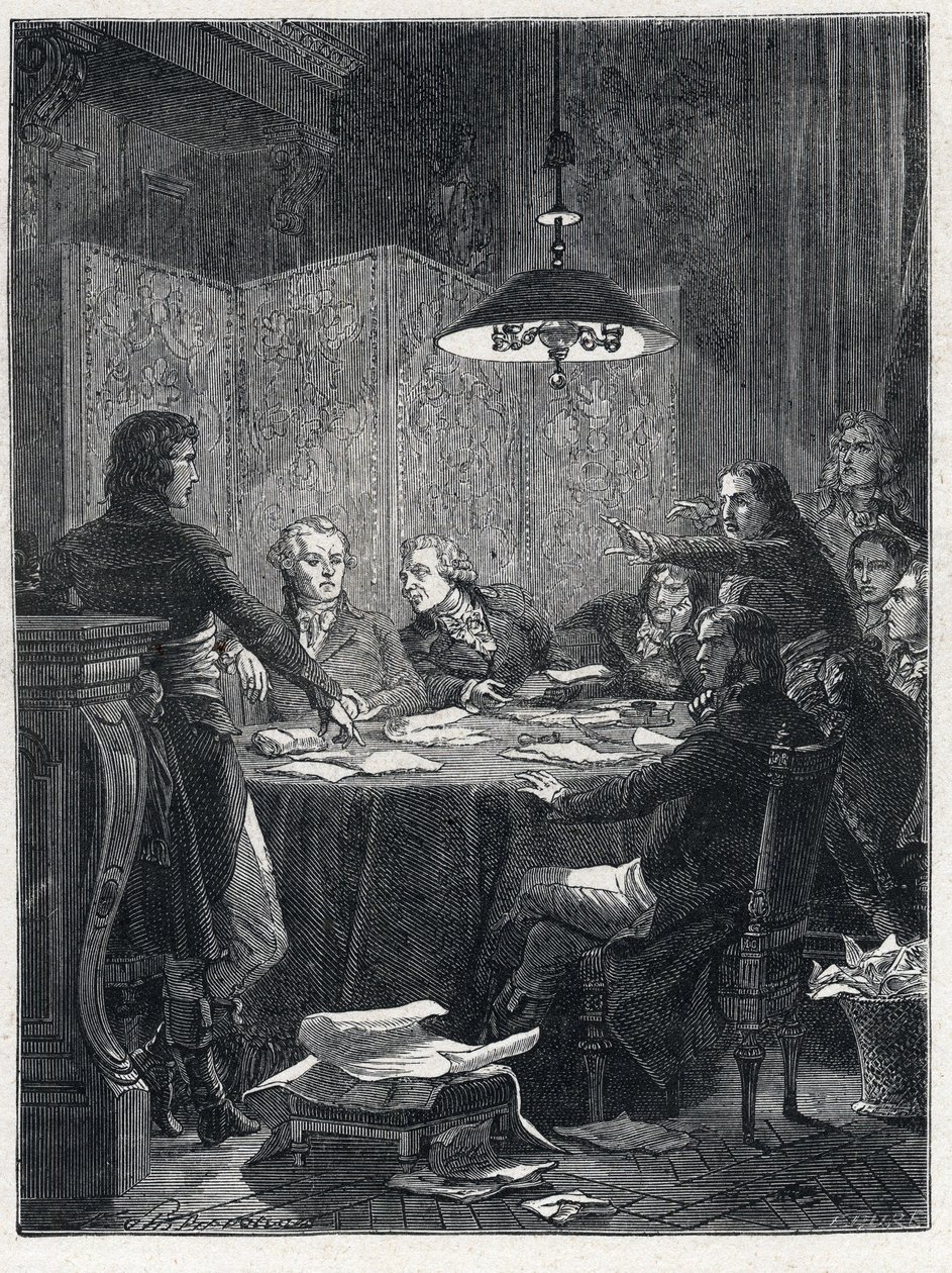 Fransk revolusjon: Møte i den offentlige frelseskomiteen, en revolusjonær regjering opprettet av den nasjonale konvensjonen i 1793. av French School