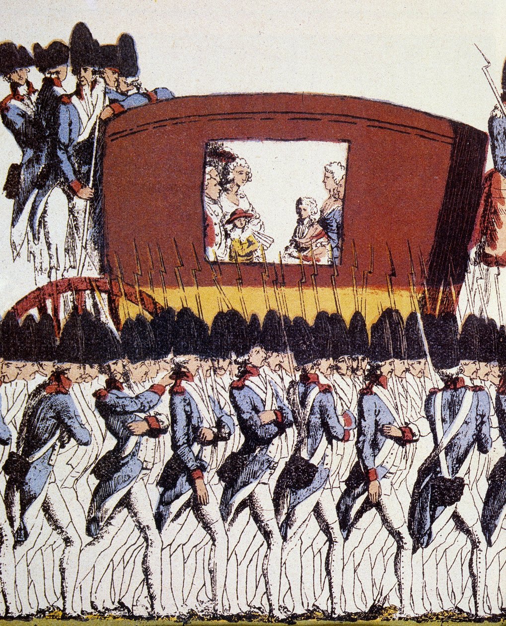 Fransk revolusjon: Kongefamiliens retur til Paris 25. juni 1791 etter arrestasjonen i Varennes 20. og 21. juni 1791. Eau-forte coloriee anonym 1791 Søn. 23,2x34,6 Paris, Musee Carnavalet. av French School