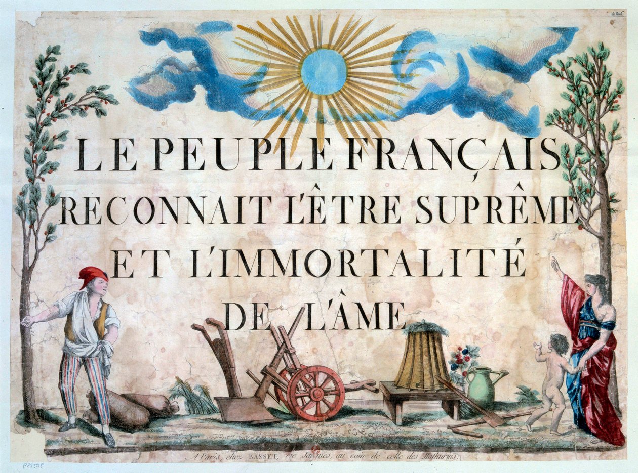 Fransk revolusjon: "Det franske folk anerkjenner det øverste vesen og sjelens udødelige." Un sans-panlotte, un arbre de la Liberte, des outils agricoles. 1794. Paris. Library Of The Arsenal av French School