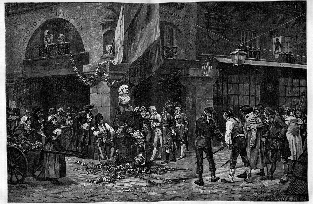 Fransk revolusjon: "Bysten av Marat ved søylen til Halles"". Som hyllest til Jean Paul Marat (1743-1793) ble bysten hans plassert etter hans død i Halles de Paris. Gravering etter et maleri av Georges Jules Auguste Cain (1856-1919) i "& av French School