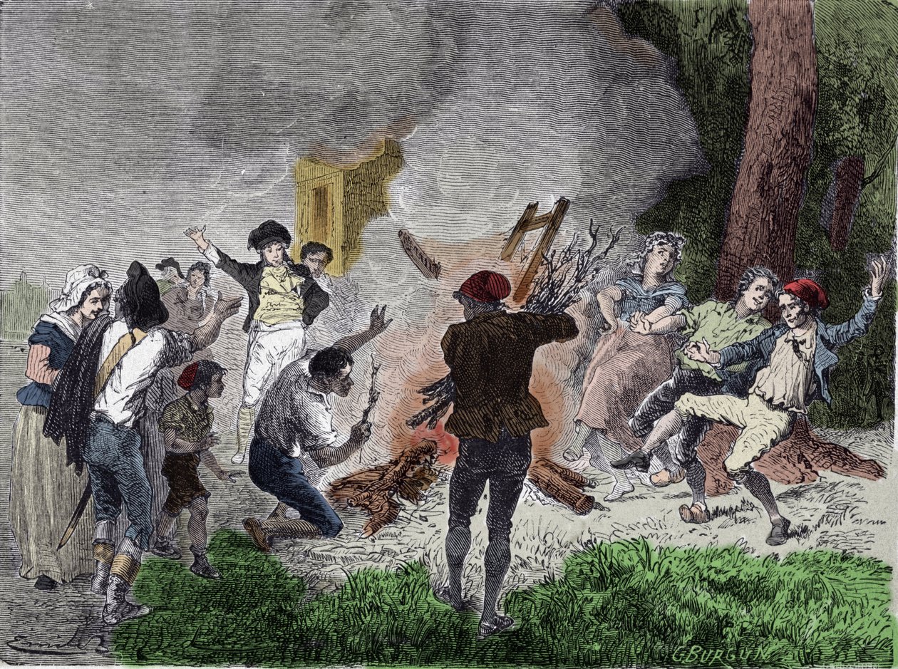 Fransk revolusjon: "" Folket brente Claude Chappes telegraf, i parken Saint-Fargeau i Menilamount, i september 1792, og trodde at det var et apparat beregnet på å kommunisere med kongefamilien innelåst i tempelets fengsel"" "Gravering av French School