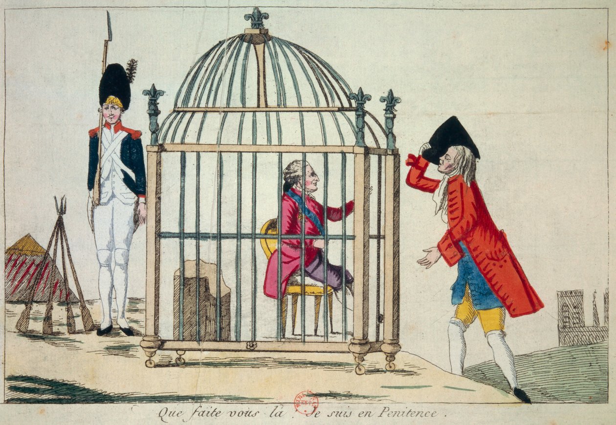 French Revolution: “What do you do, I am in penitence” King Louis XVI (1754-1793) represents in a cage on the eve of his flight to Varennes in June 1791. Satirical engraving Paris, Library of the Arsenal   1125234   no       norwegian Successfully Translat av French School
