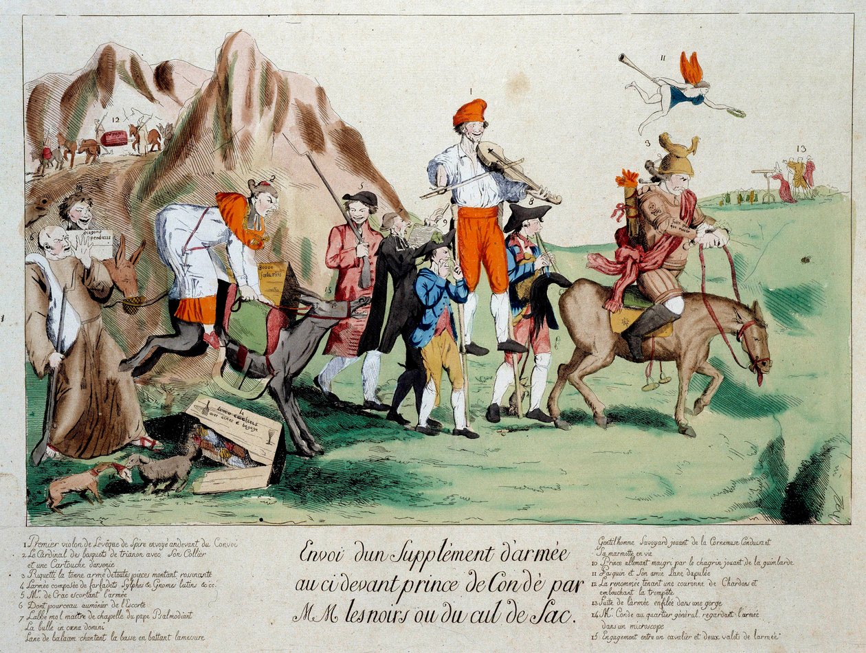 Fransk revolusjon: "" et supplement av forsterkninger sammensatt av medlemmer av det forkrøplede presteskapet ble sendt til hæren til prins Louis V Joseph av Bourbon-Conde (1736-1818) stasjonert på bredden av Rhinen etter emigrasjonen på grunn av revolusjo av French School