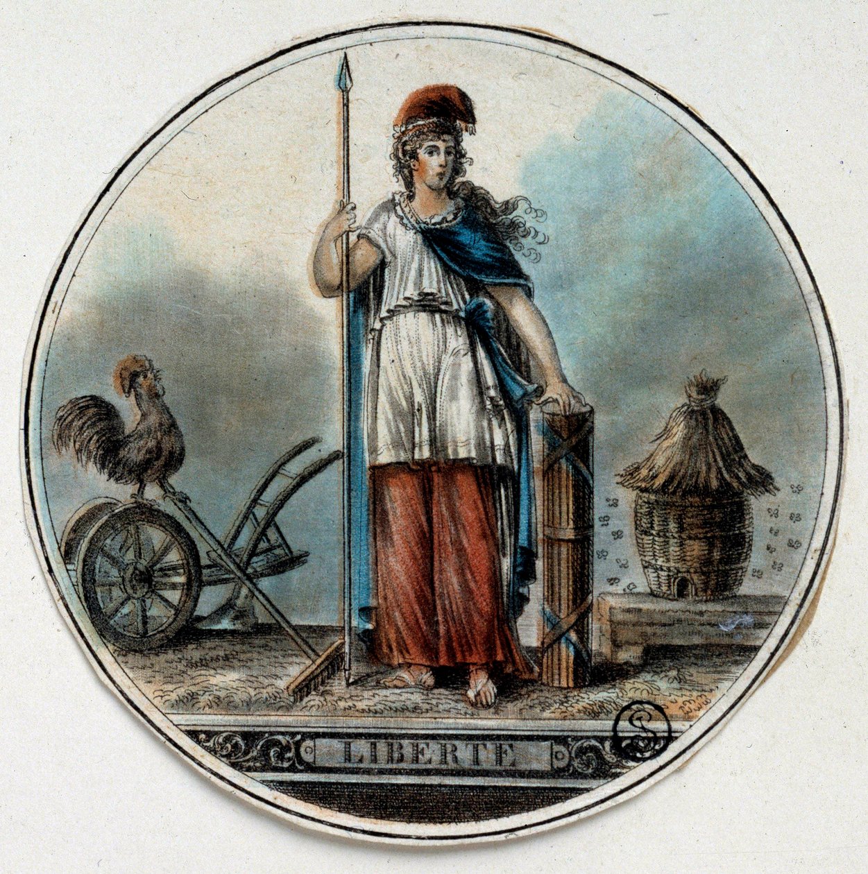 Fransk revolusjon: allegori om Liberte som en kvinne nær en bikube og en hane. Sent på 1700-tallet Paris, B.N. av French School
