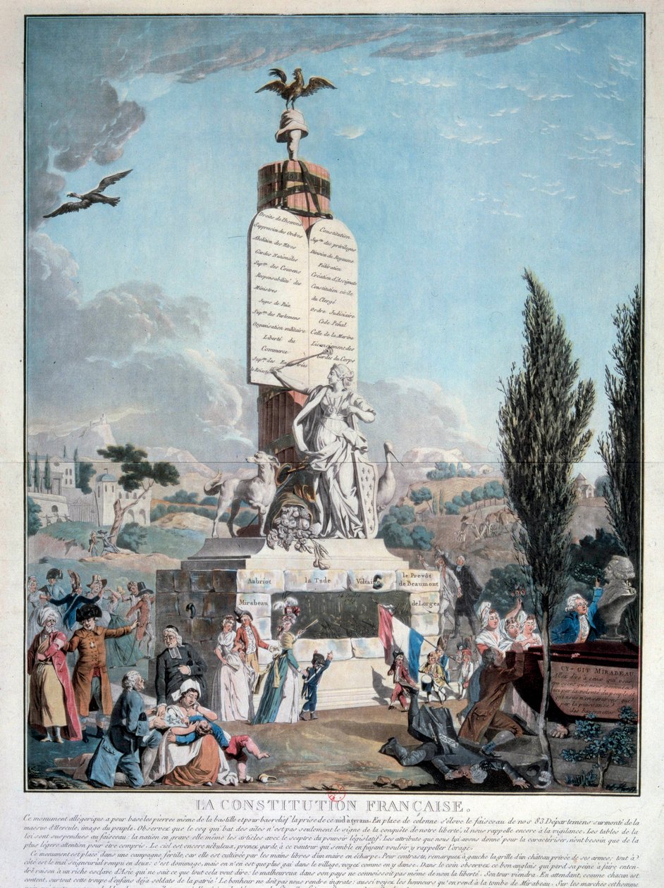 Den franske revolusjonen: allegori av den franske grunnloven i september 1791. Gravering av Paris fra 1791, Arsenals bibliotek av French School